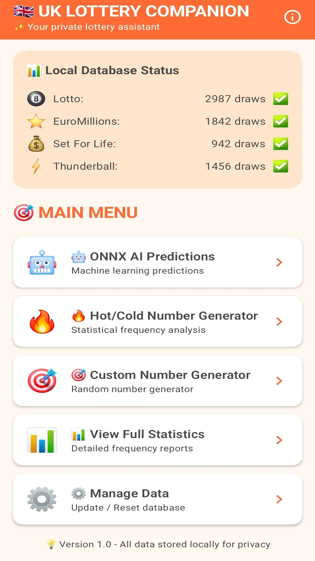 Lottery Companion – Main Menu